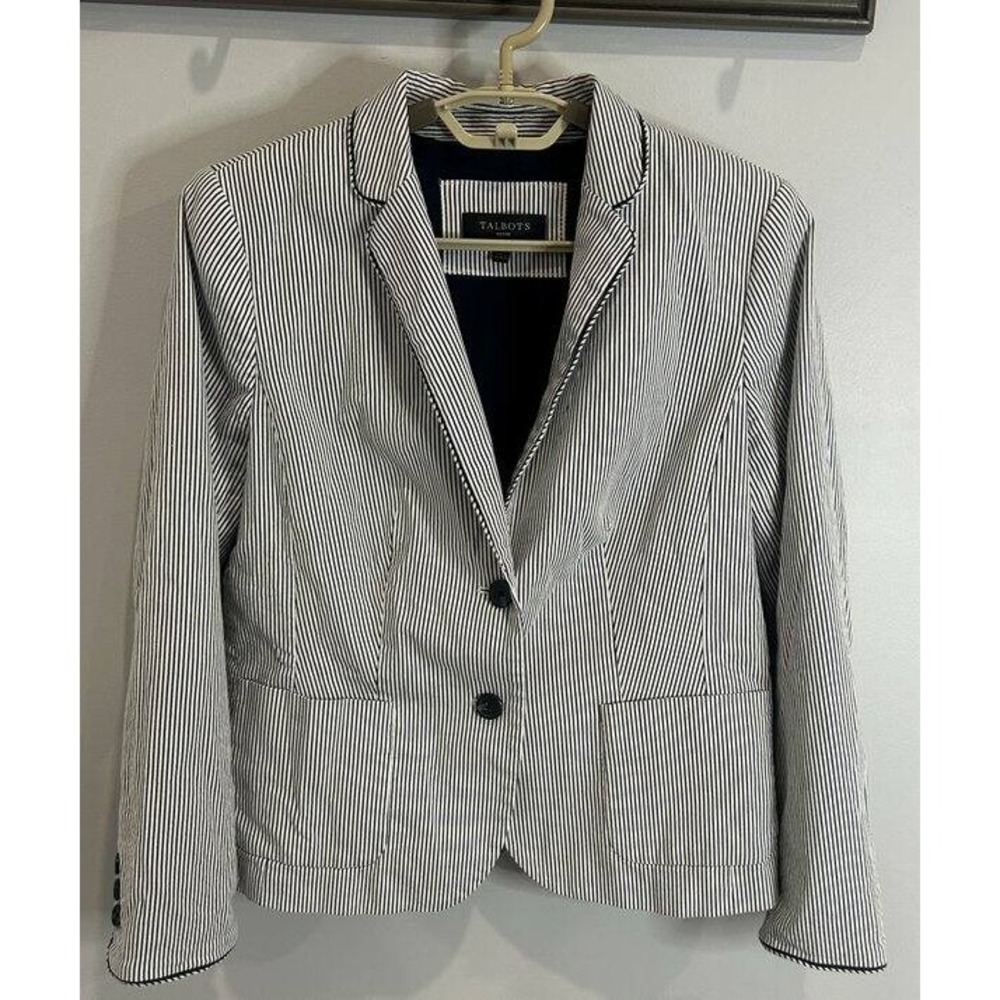 Talbots Petites Navy Blue Seersucker Stripe Blazer Jacket Cotton Stretch 8 8p